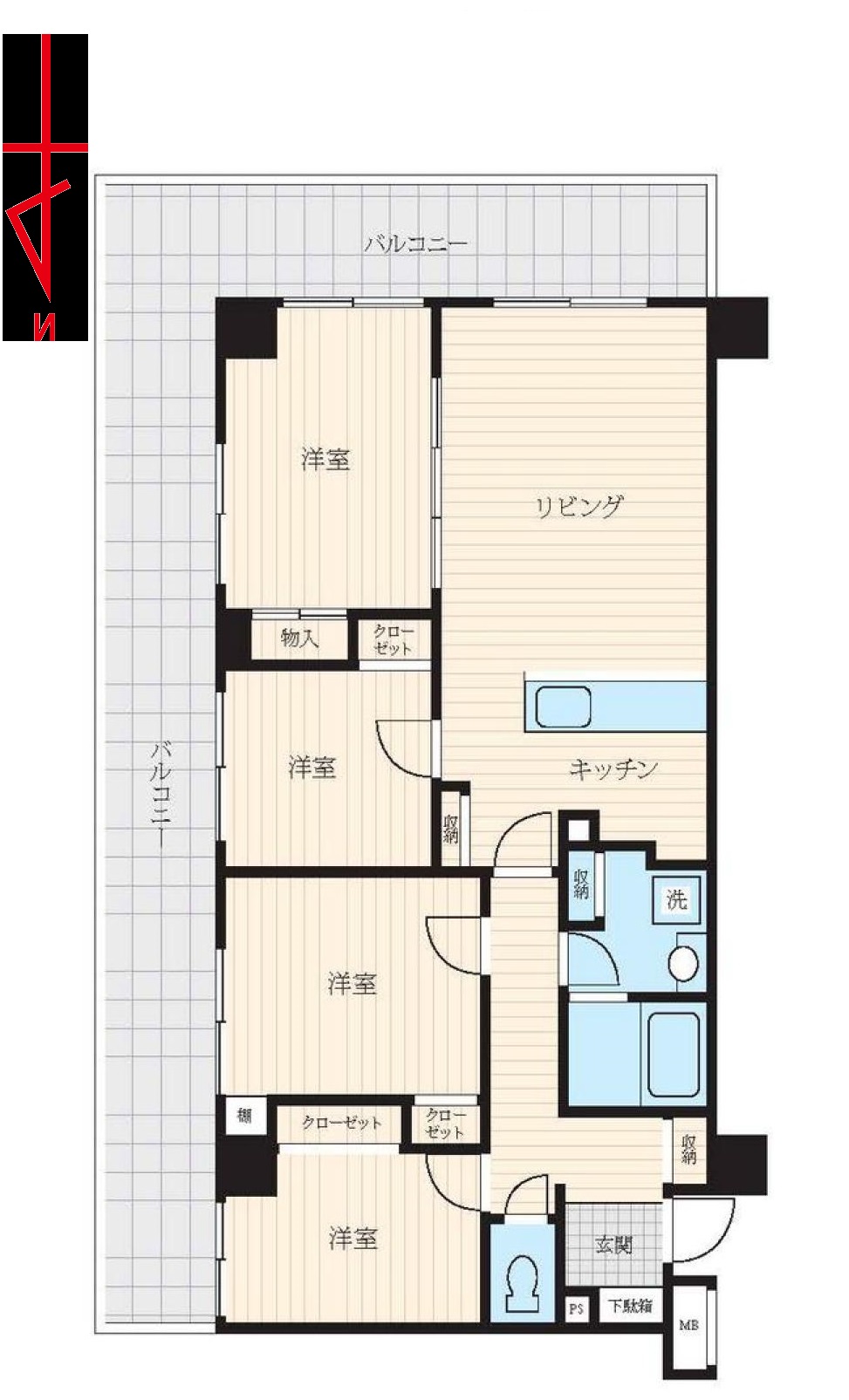 2面ワイドバルコニーで各居室陽当り良好です。珍しい4LDKです!
