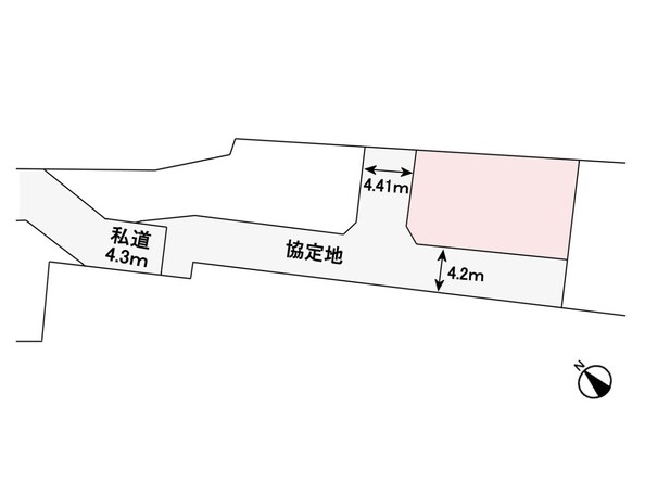 【区画図】建物本地:124.57m2(37.68坪)・協定道路の角地、解放感ある立地
