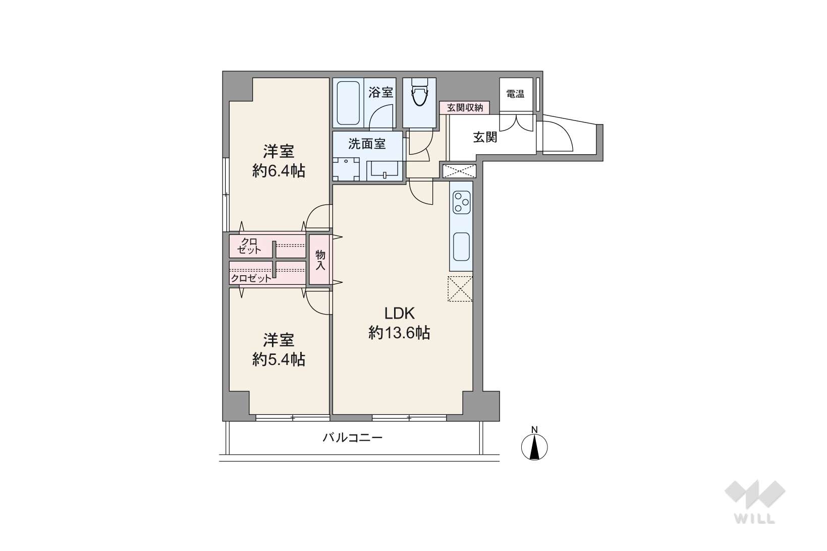 LDKと洋室がバルコニーに面したプラン。角部屋のためすべての洋室に窓がある開放的なプランです。