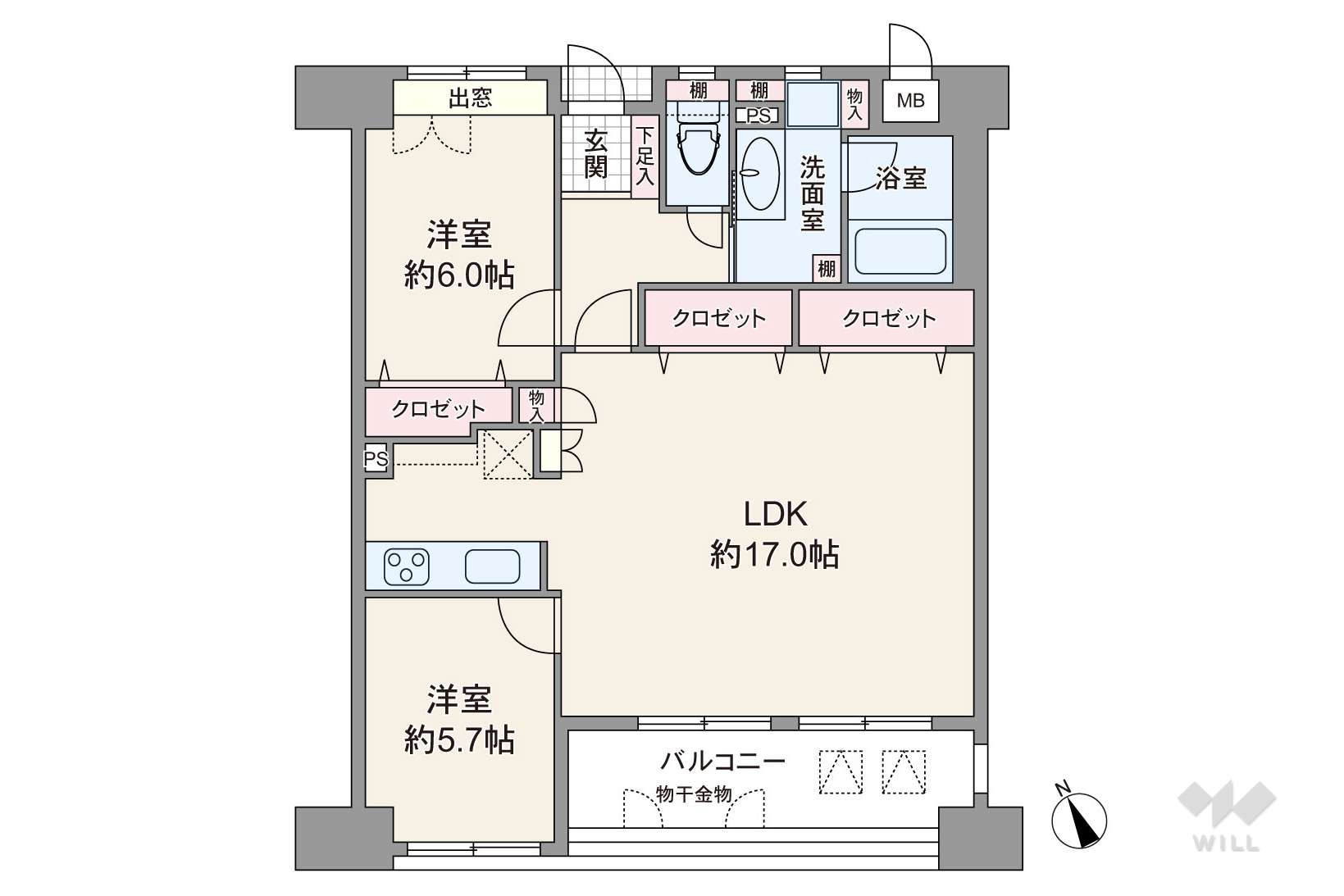 間取りは専有面積75.14平米の2LDK。室内廊下が短く居住スペースを広く確保したLDK約17.0帖のプラン。トイレと洗面室に窓があり換気がしやすいのもポイント。バルコニー面積は10.36平米です。