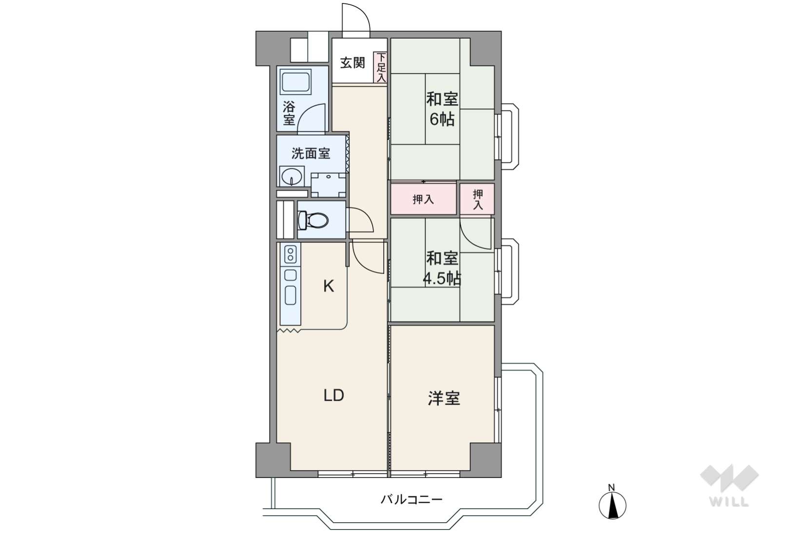 62.15平米の3LDK。LDKと個室2部屋が続き間になった縦長リビングのプラン。間仕切りの開閉で部屋を繋げたり仕切ったり間取りのアレンジがしやすい造りです。バルコニーはL字型